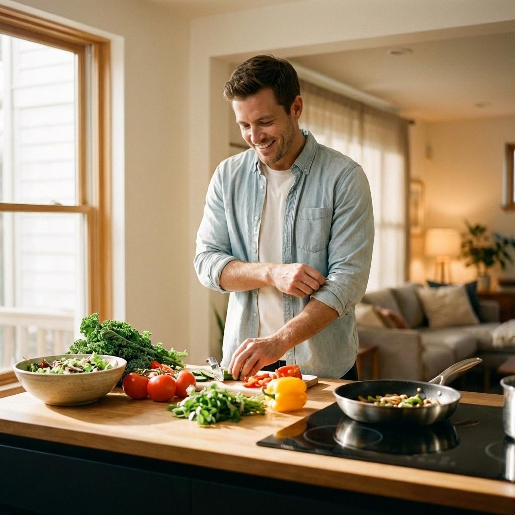 Someone preparing a meal in a bright kitchen