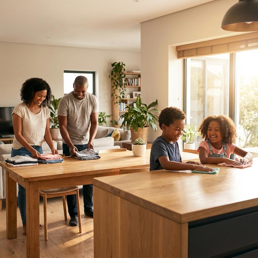A family tidying the house together